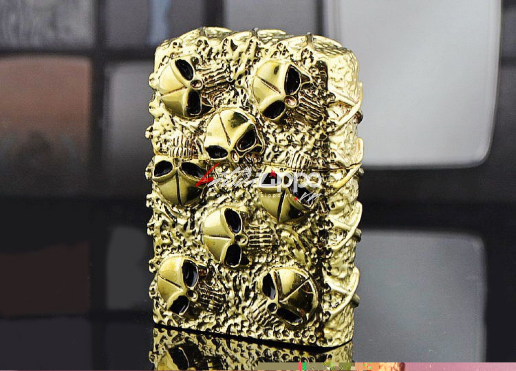 Bật lửa Zippo chính hãng nguyên khối mạ vàng khắc hộp sọ đầu lâu