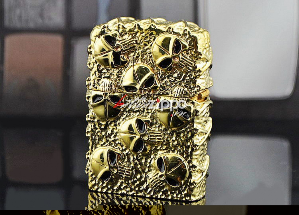 Bật lửa Zippo chính hãng nguyên khối mạ vàng khắc hộp sọ đầu lâu
