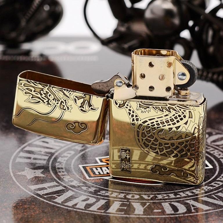 Zippo Chính Hãng Đồng Bóng Khắc Rồng Bao Quanh