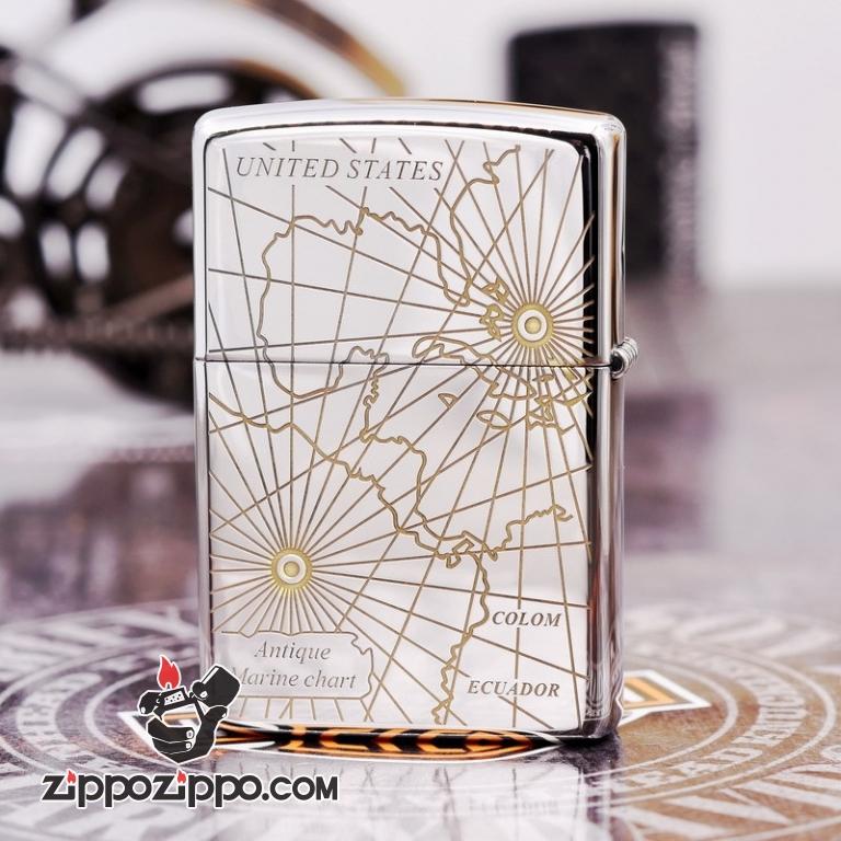 Zippo 250Hai mầu bạc vàng khắc hình la bàn