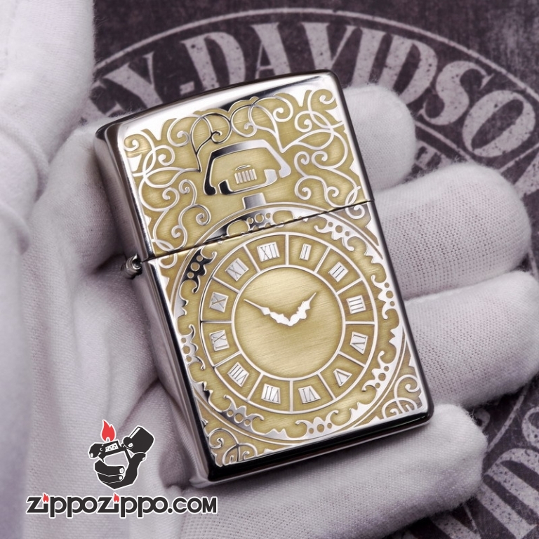 Zippo 250 Bạc khắc hình đồng hồ màu đồng - Thời gian là tiền bạc
