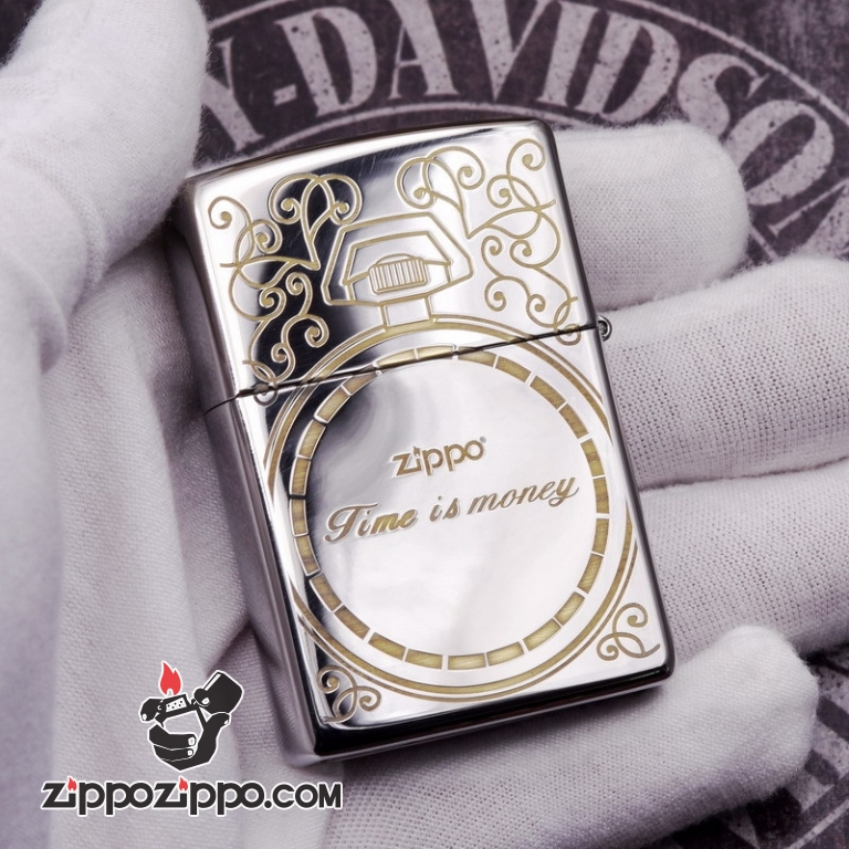 Zippo 250 Bạc khắc hình đồng hồ màu đồng - Thời gian là tiền bạc