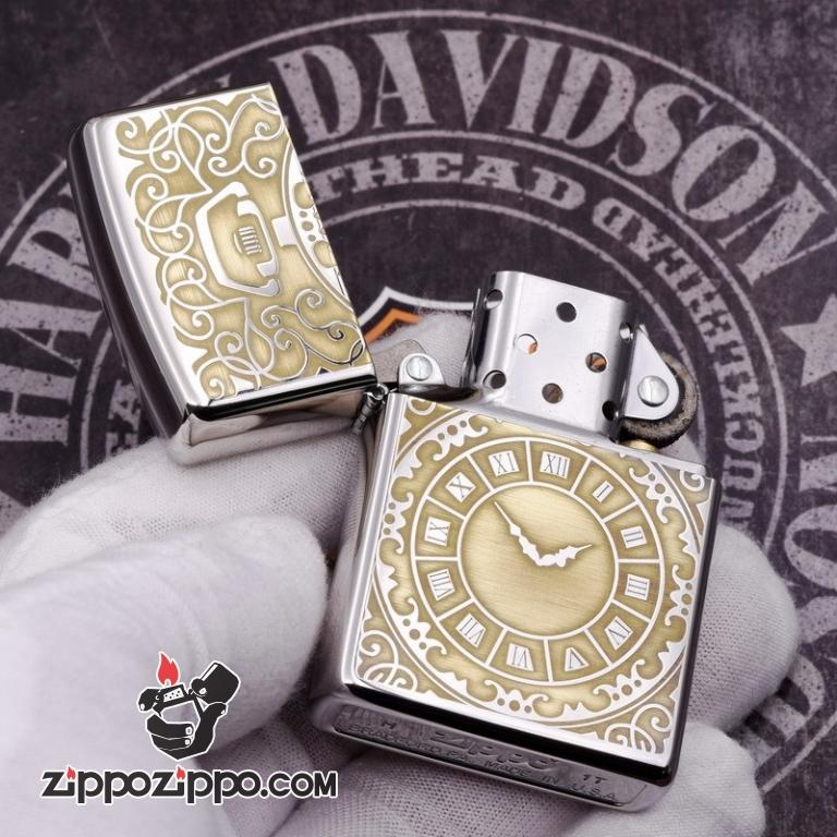 Zippo 250 Bạc khắc hình đồng hồ màu đồng - Thời gian là tiền bạc