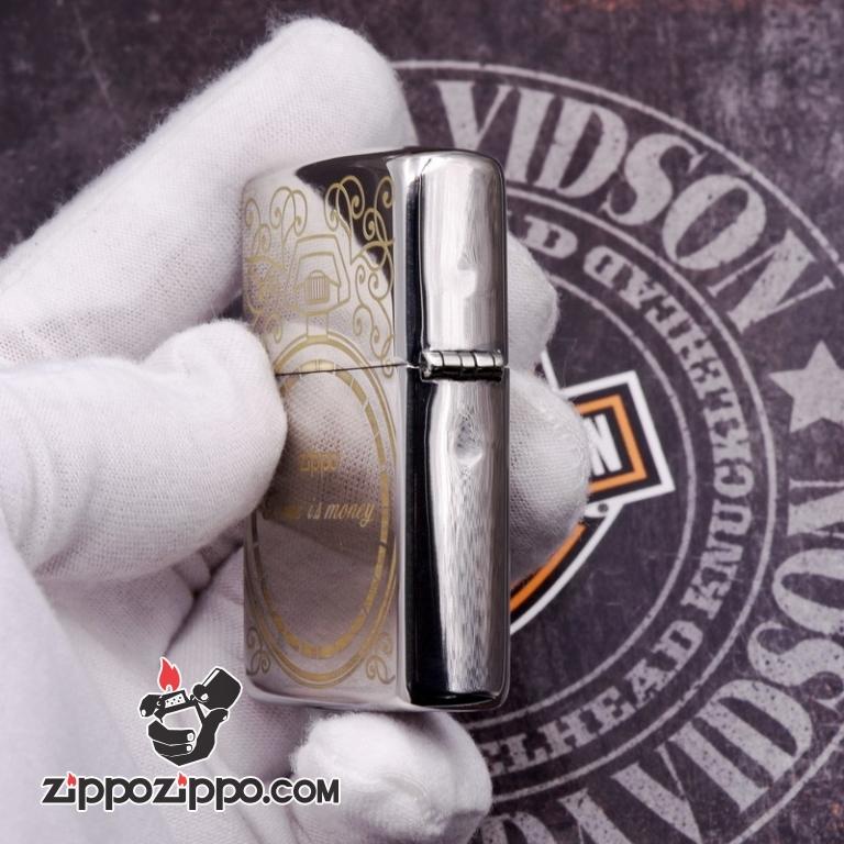 Zippo 250 Bạc khắc hình đồng hồ màu đồng - Thời gian là tiền bạc