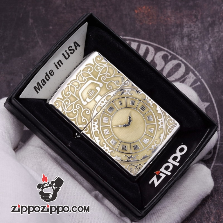 Zippo 250 Bạc khắc hình đồng hồ màu đồng - Thời gian là tiền bạc