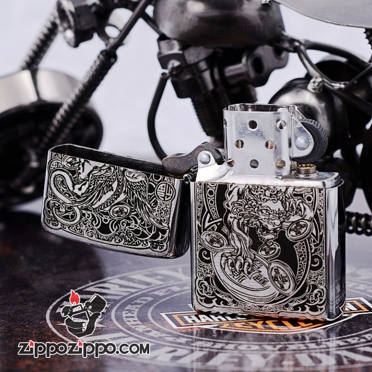 Bật Lửa Zippo Màu Bạc Chạm Khắc Hình Tỳ Hưu