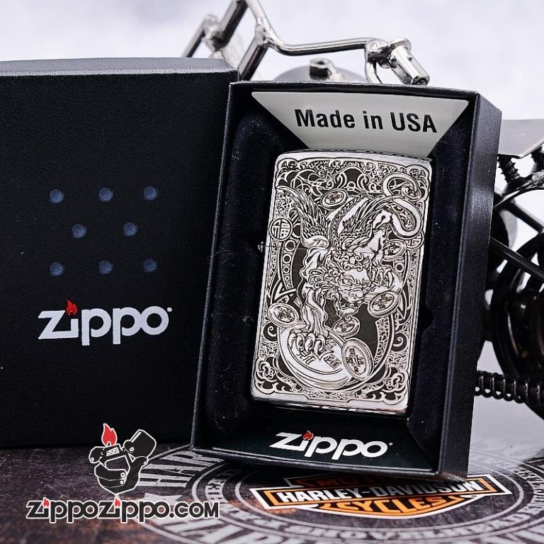 Bật Lửa Zippo Màu Bạc Chạm Khắc Hình Tỳ Hưu