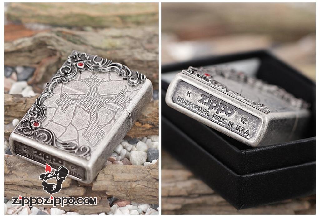 Zippo mạ bạc cổ khắc thánh xuất hàn