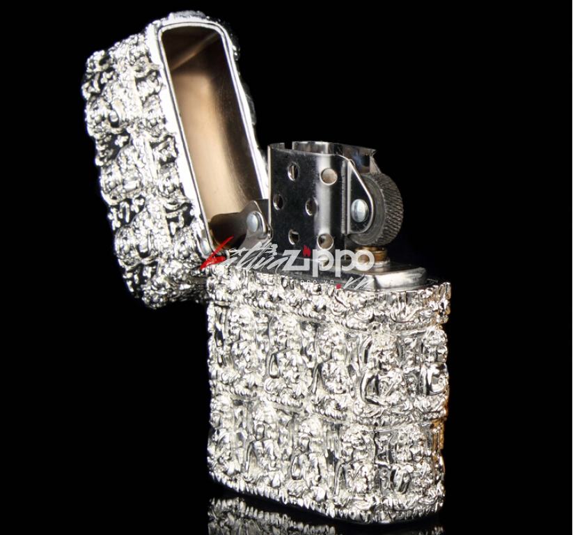 Bật lửa Zippo chính hãng màu bạc trắng khắc hình đức phật cổ