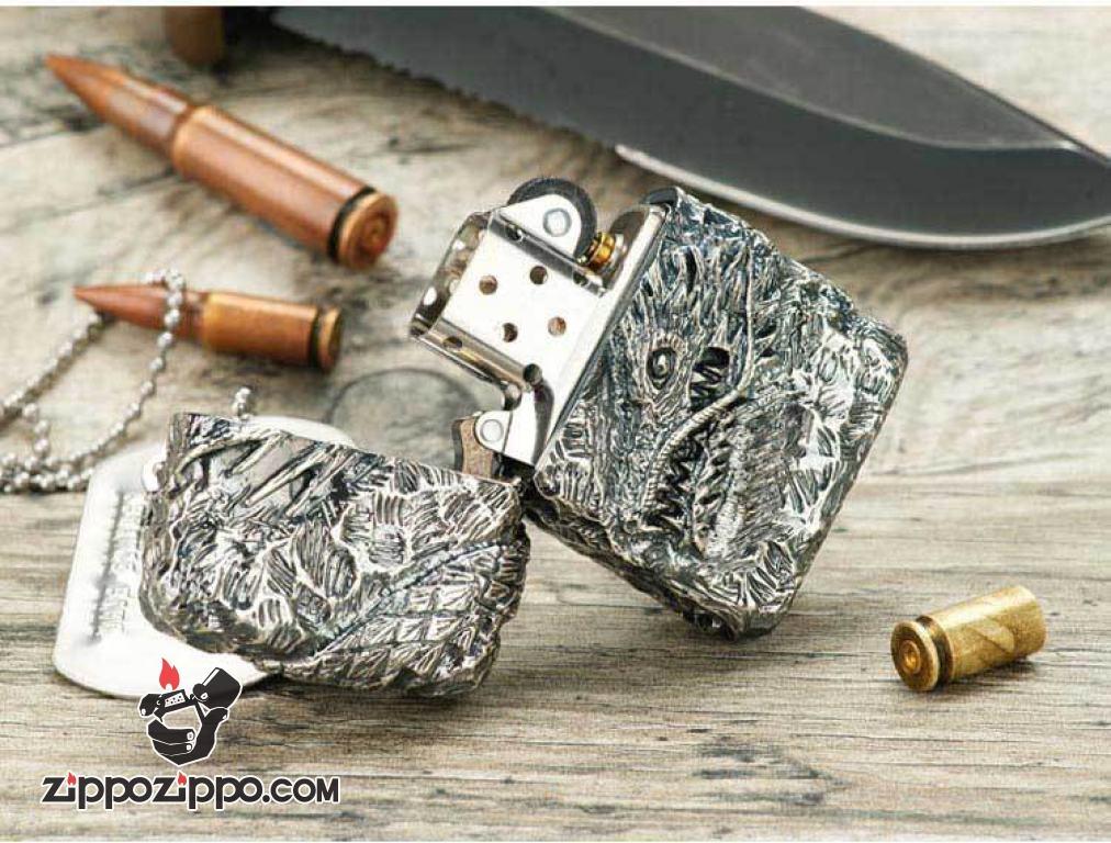 Bật lửa Zippo Nhật đúc rồng bạc nguyên khối quấn quanh