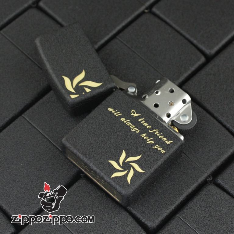 Bật lửa Zippo đen nứt in hình bông hoa hai góc