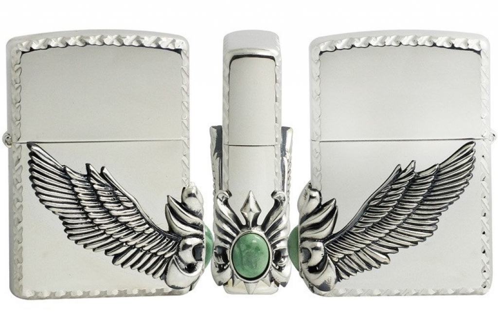 Zippo Chính Hãng Màu Bạc Có Cánh Thiên Thần Gắn Ngọc Xanh Bên