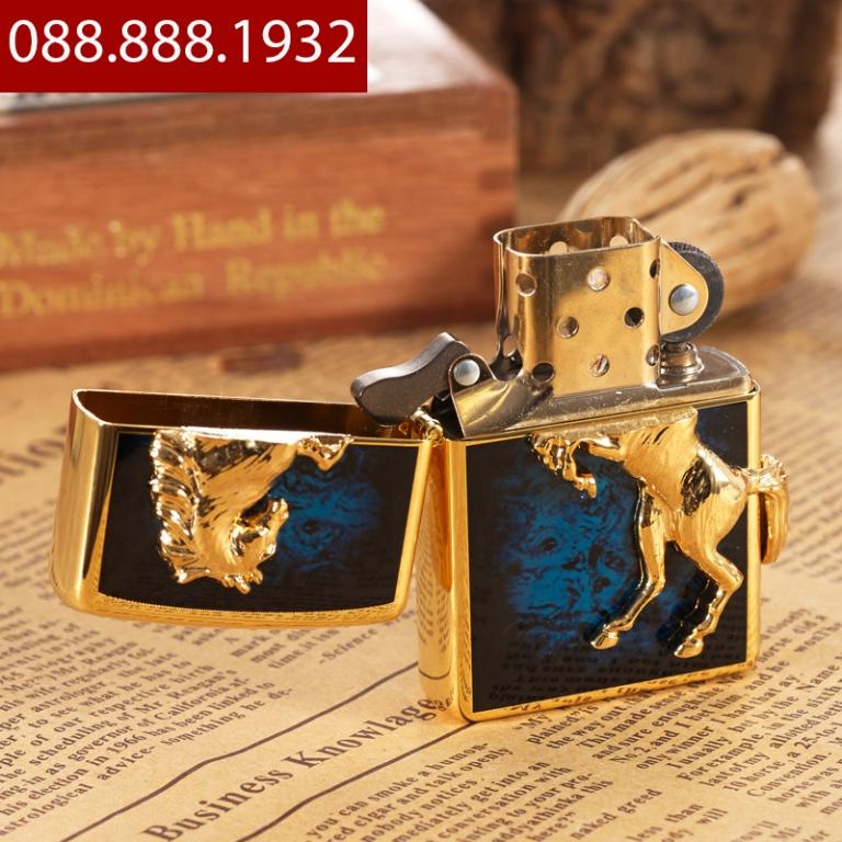 Bật lửa Zippo chính hãng mặt xanh mạ vàng khắc nổi