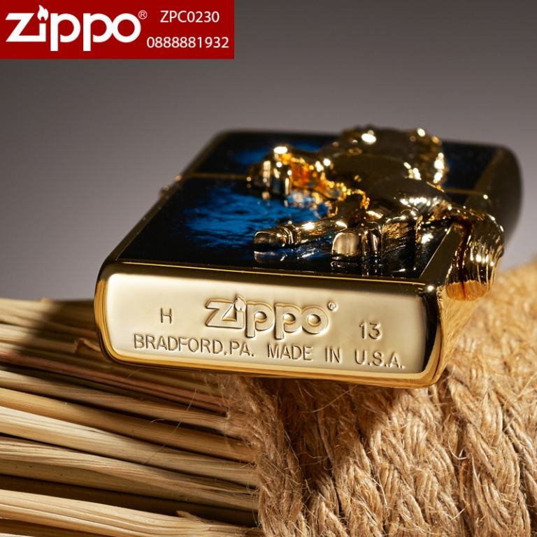 Bật lửa Zippo chính hãng mặt xanh mạ vàng khắc nổi