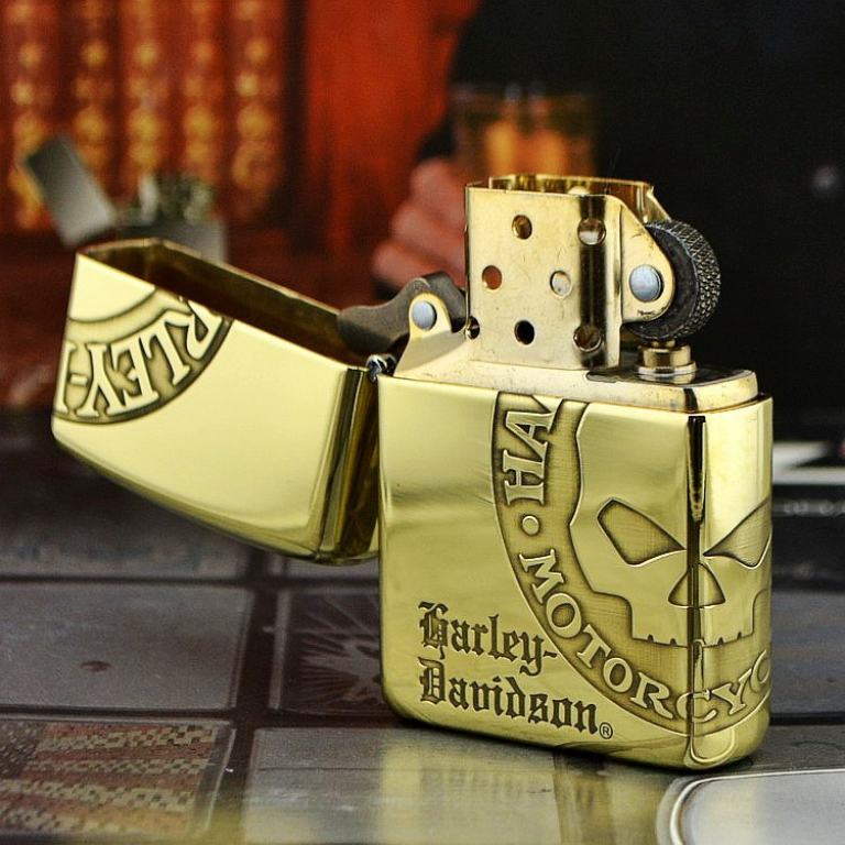 Zippo Chính Hãng Đồng Bóng Khắc Hình Đầu Lâu Harley Davidson