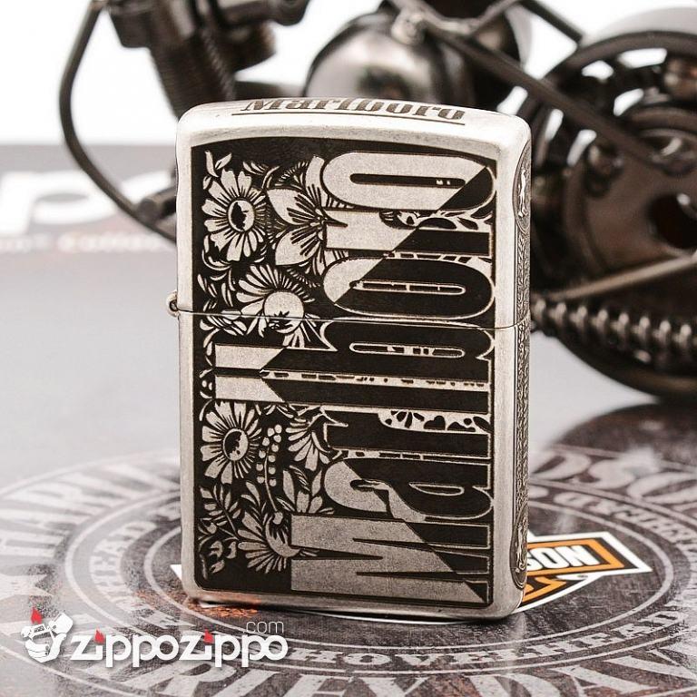 Zippo Chính Hãng Bạc Cổ Khắc Logo Marlboro