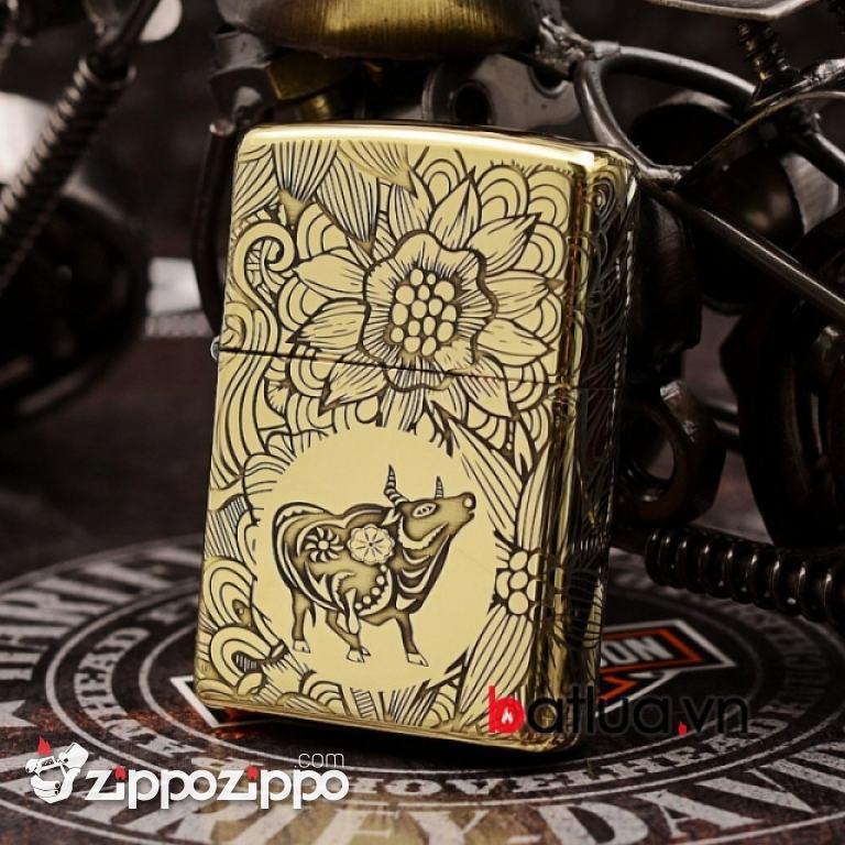 Zippo Chính Hãng Đồng Khắc 12 Con Giáp Tuổi Sửu ( trâu)