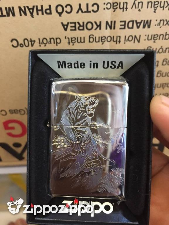 zippo chạm khắc hoa văn hổ săn mầu bạc