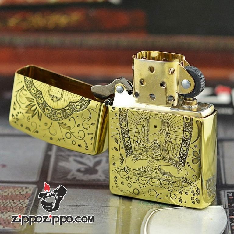 Bật lửa Zippo chất liệu đồng phiên bản bóng armor khắc Đức Phật Thích Ca Mâu Ni