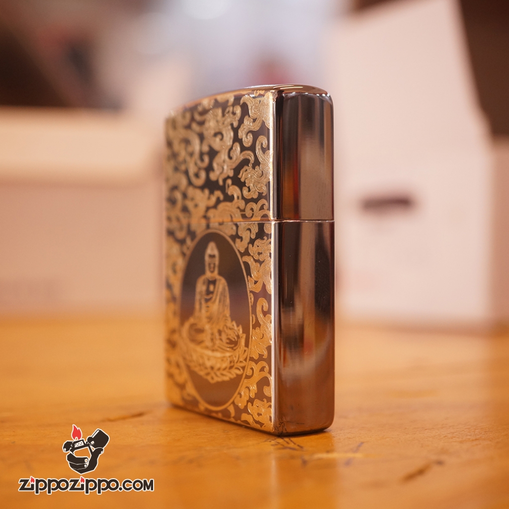 Zippo khắc phật mạ vàng mầu đen