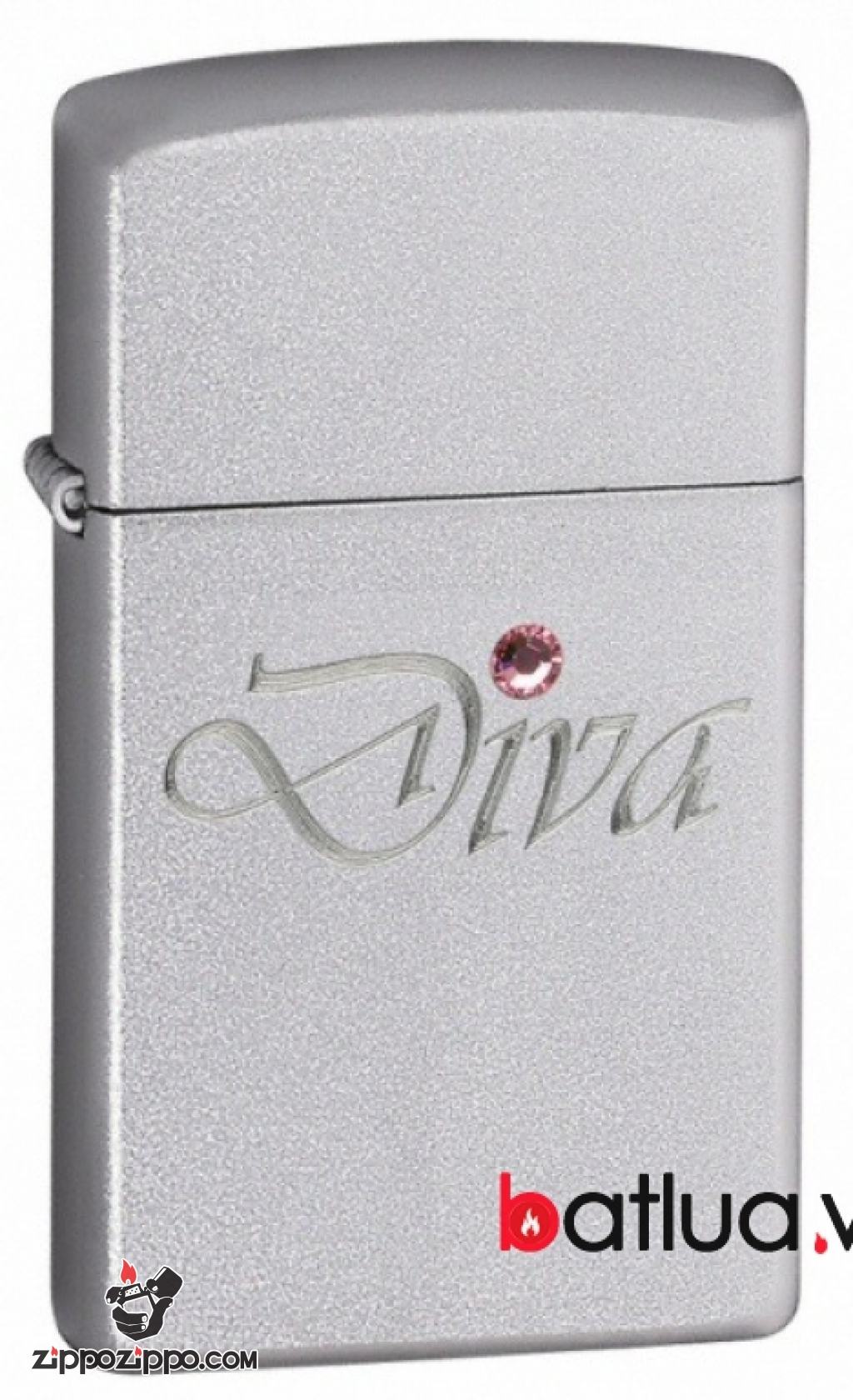 Bật Lửa Zippo Bản Nhỏ Nhám Satin Chữ Diva - SKU 24573 – Zippo Slim Diva Silver Style