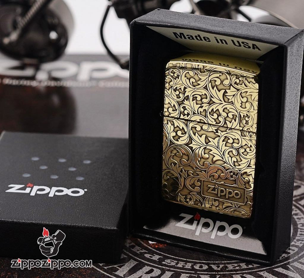 Zippo chính hãng đồng bóng khoăc hoa văn nổi logo zp