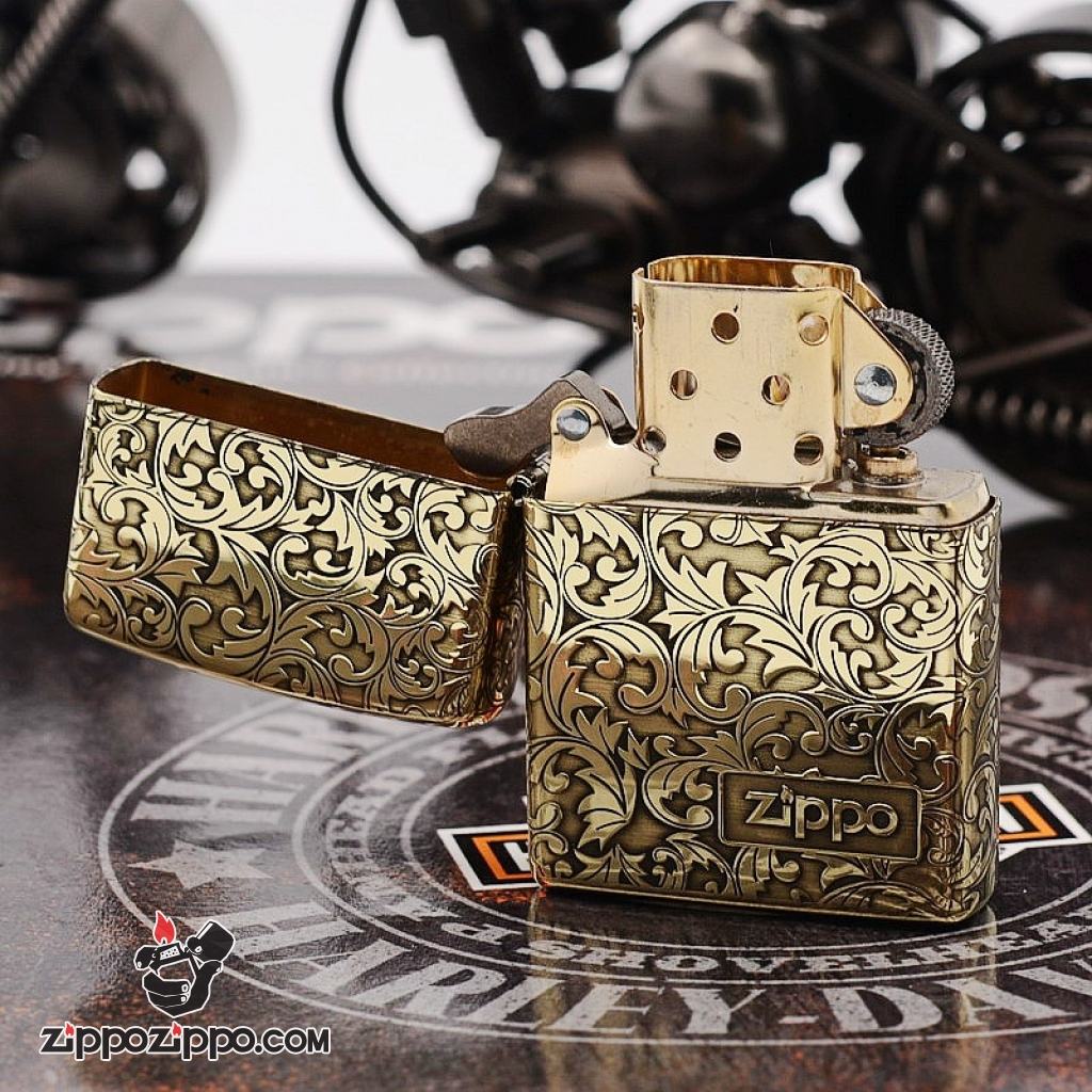 Zippo chính hãng đồng bóng khoăc hoa văn nổi logo zp