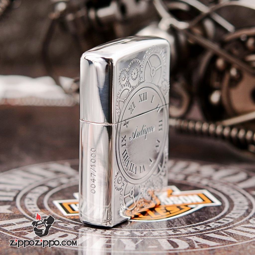 Bật lửa Zippo mạ bạc chuông đồng hồ cổ