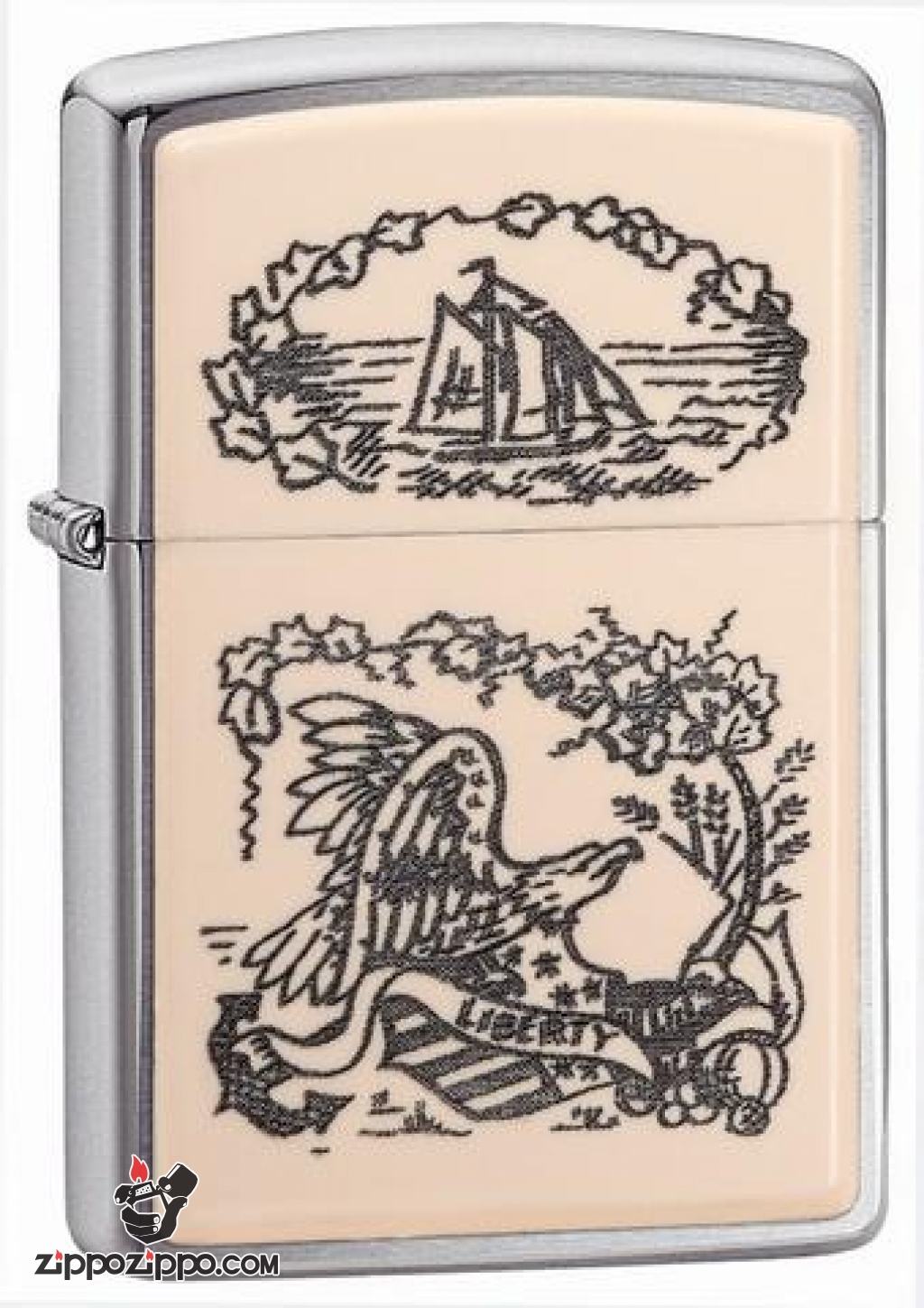 zippo ốp nổi hình chim mầu bạc