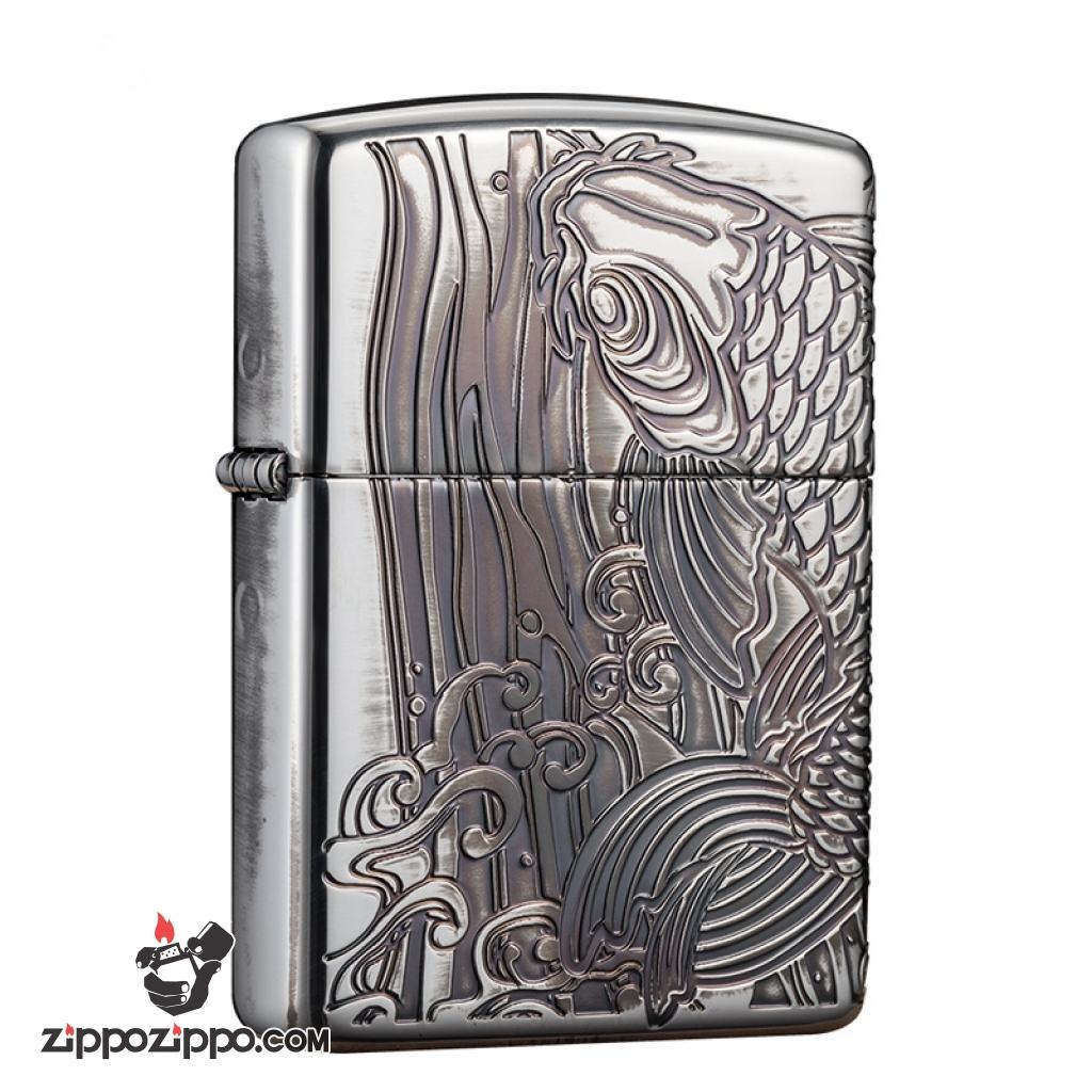 Bật lửa zippo Màu Bạc in hoa văn cá chép