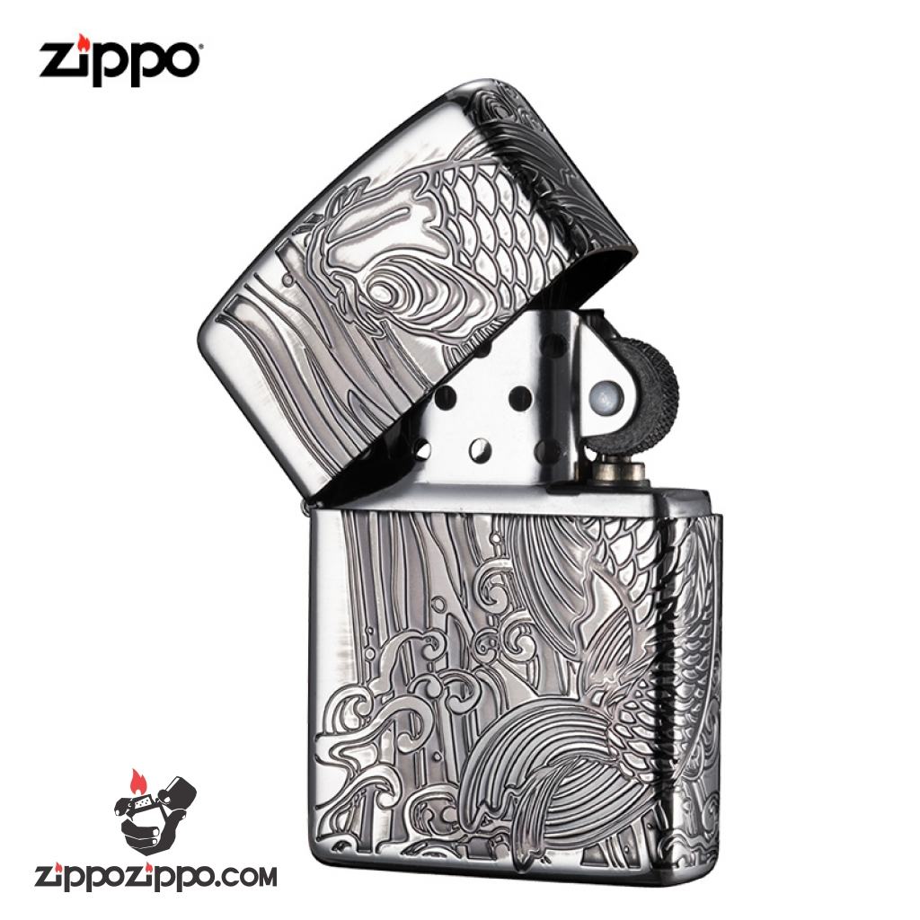 Bật lửa zippo Màu Bạc in hoa văn cá chép