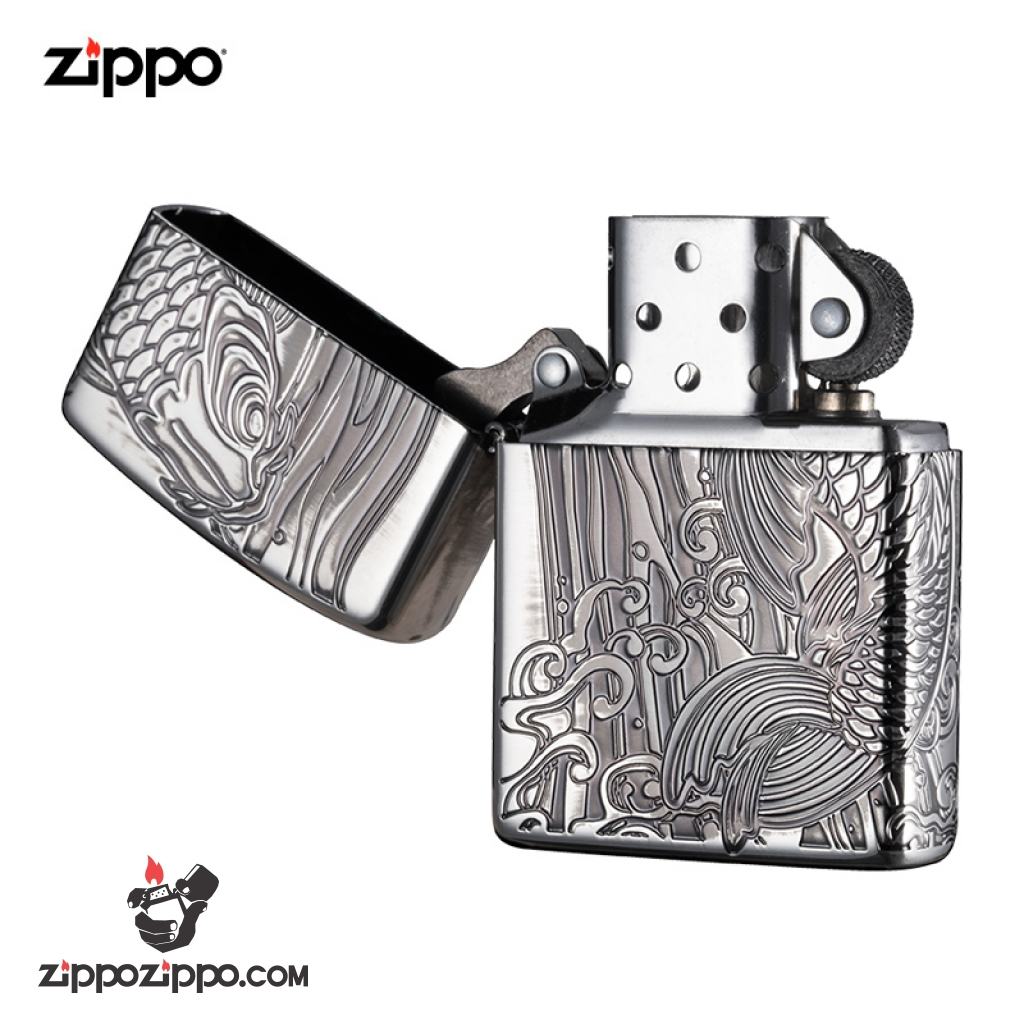 Bật lửa zippo Màu Bạc in hoa văn cá chép