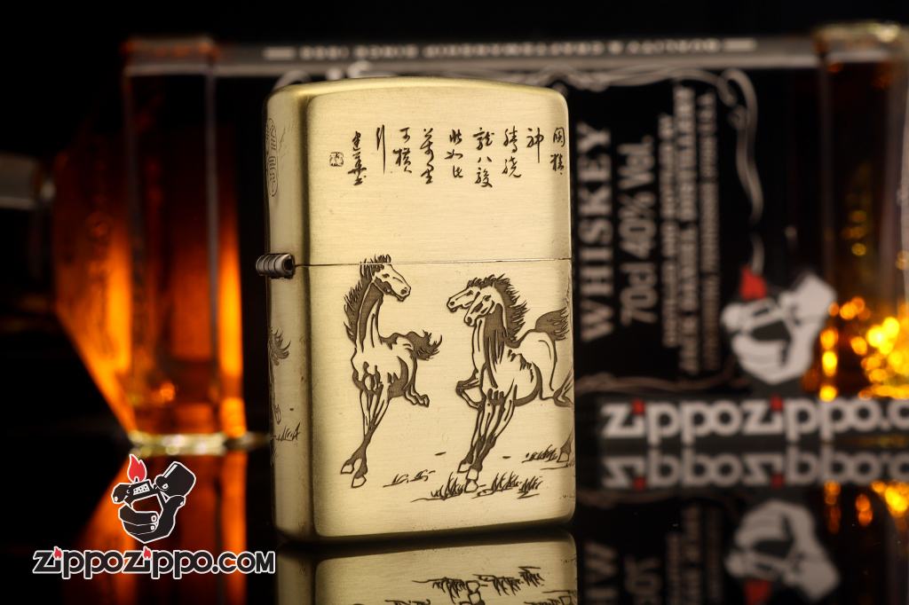 Bật Lửa Zippo Chính Hãng  Đồng Khắc Tranh Bát Mã Truy Phong