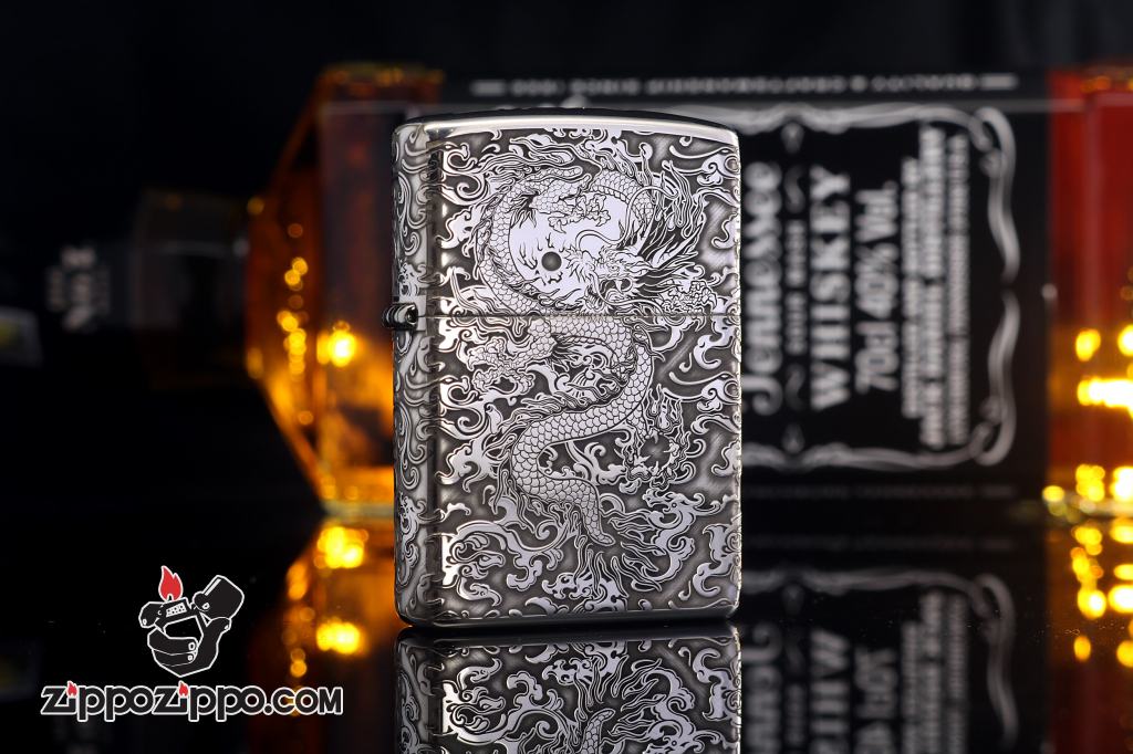 Bật Lửa Zippo Bạc nguyên khối Cao Cấp khắc hình rồng châu Á Dũng Mãnh