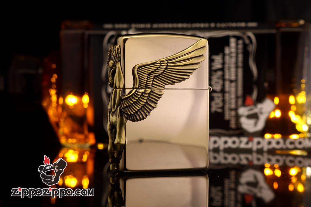 Bật lửa zippo chính hãng họa tiết ngựa thiên thần cạnh sườn phiên bản mạ vàng 24k
