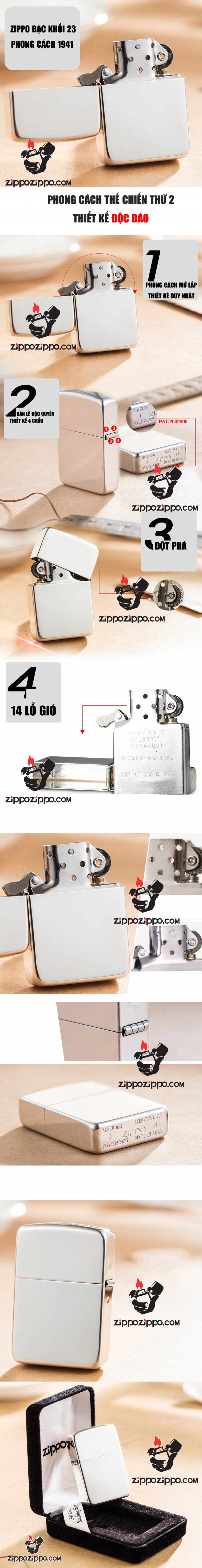 Zippo 23 - Bật lửa zippo chính hãng bạc trơn nguyên khối phiên bản 1941