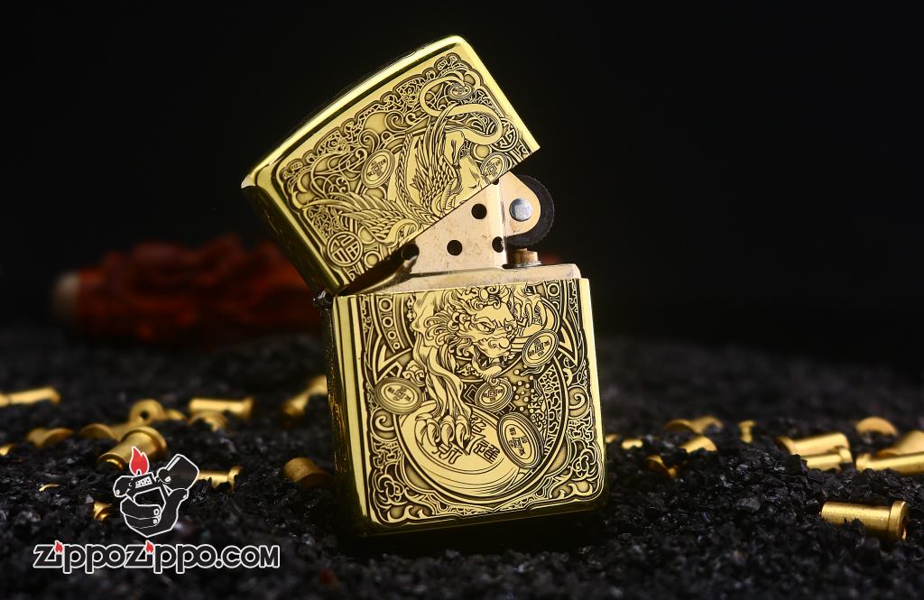 Zippo Chính Hãng Đồng Armor Khắc Tỳ Hưu Hoa Văn Đồng Xu Tinh Xảo Bản Khắc Siêu Sâu