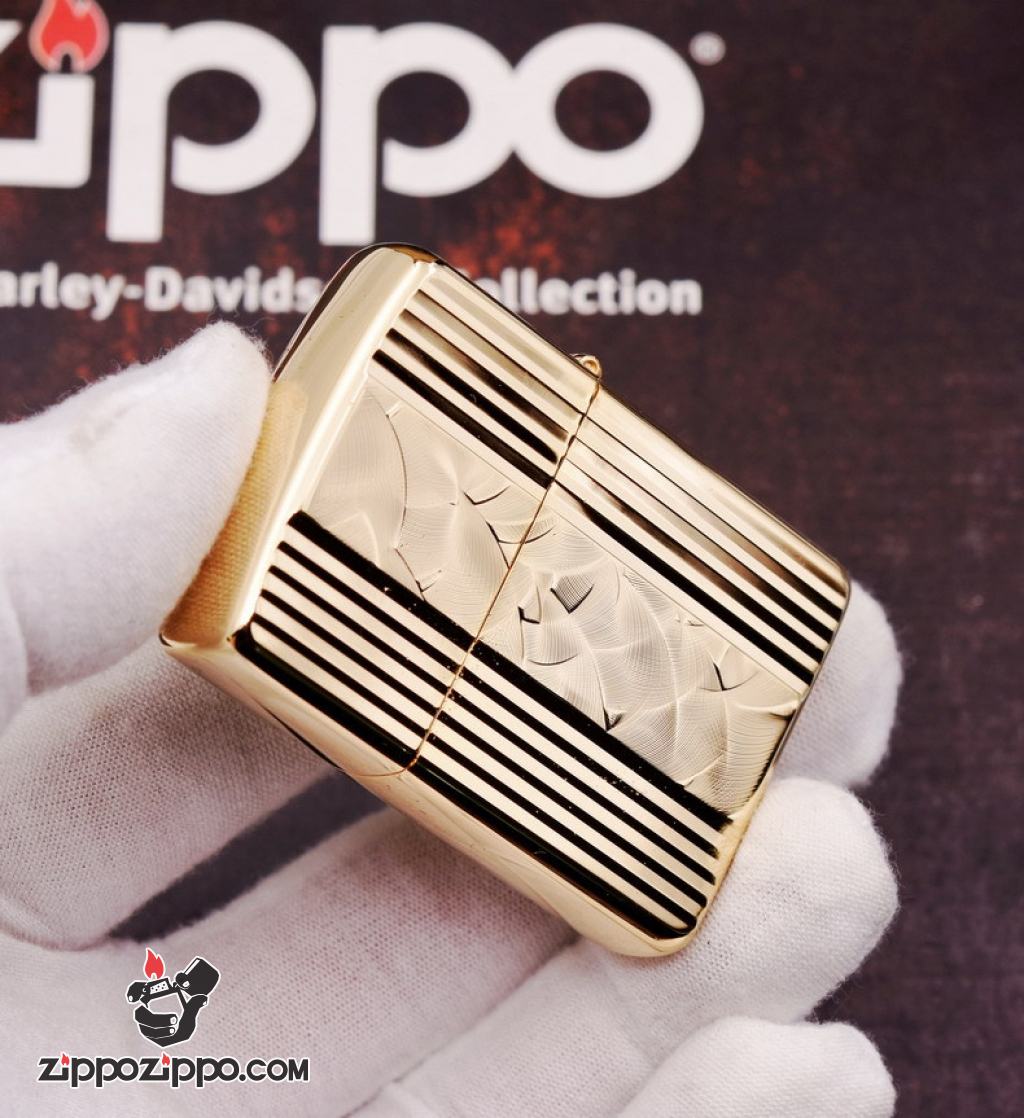 Bật Lửa Zippo Xuất Nhật Mạ Vàng Sâu Chạm Khắc Hình Hạt Quạt Trừu Tượng