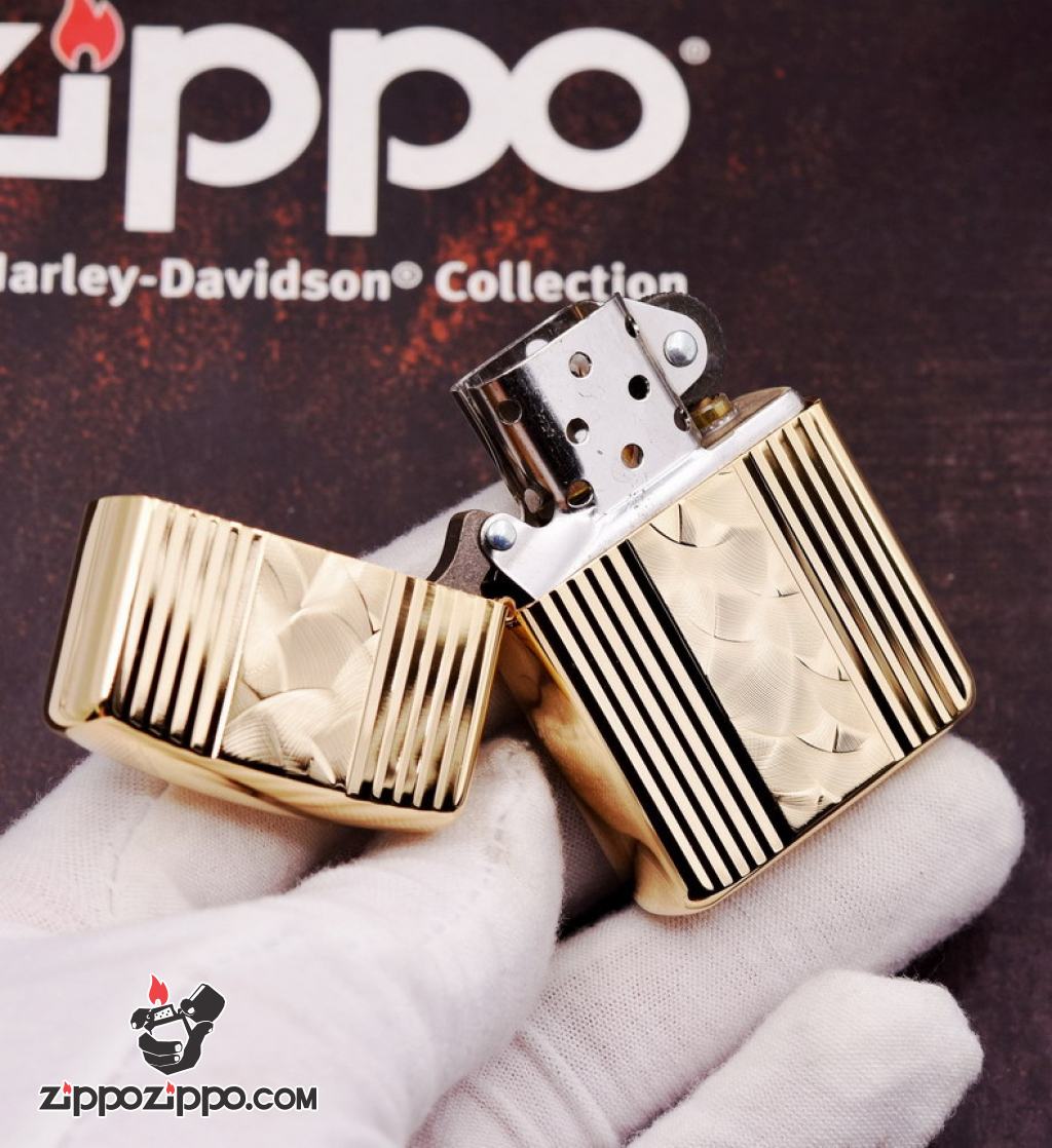 Bật Lửa Zippo Xuất Nhật Mạ Vàng Sâu Chạm Khắc Hình Hạt Quạt Trừu Tượng
