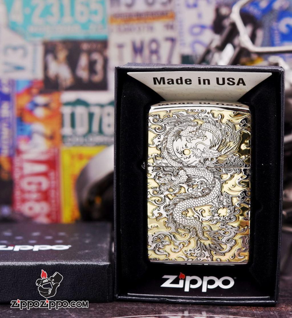 Zippo Chính Hãng Phiên Bản Chrome Khắc Rồng May Mắn Tài Lôc