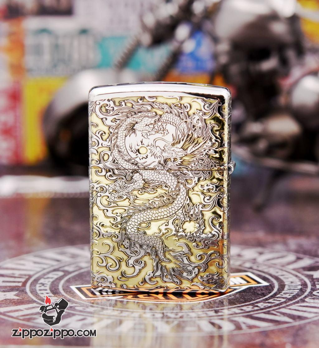 Zippo Chính Hãng Phiên Bản Chrome Khắc Rồng May Mắn Tài Lôc