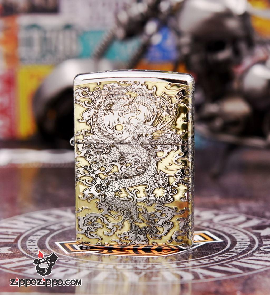 Zippo Chính Hãng Phiên Bản Chrome Khắc Rồng May Mắn Tài Lôc