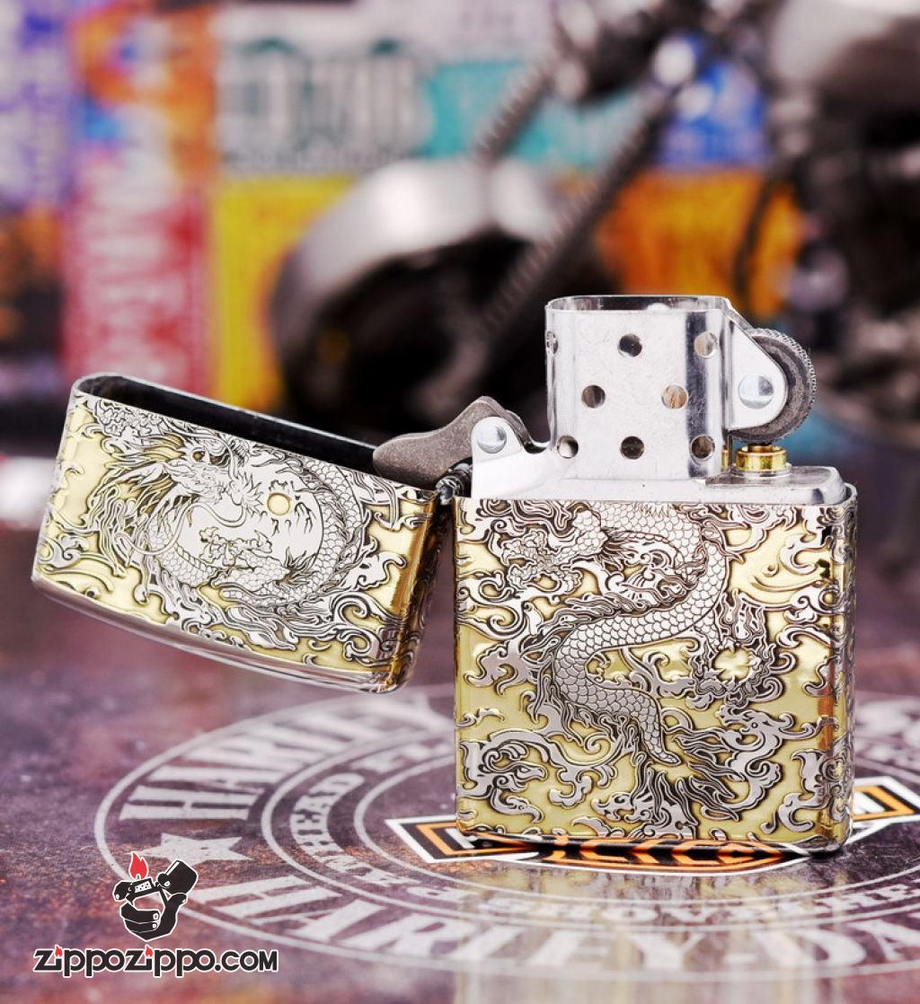 Zippo Chính Hãng Phiên Bản Chrome Khắc Rồng May Mắn Tài Lôc