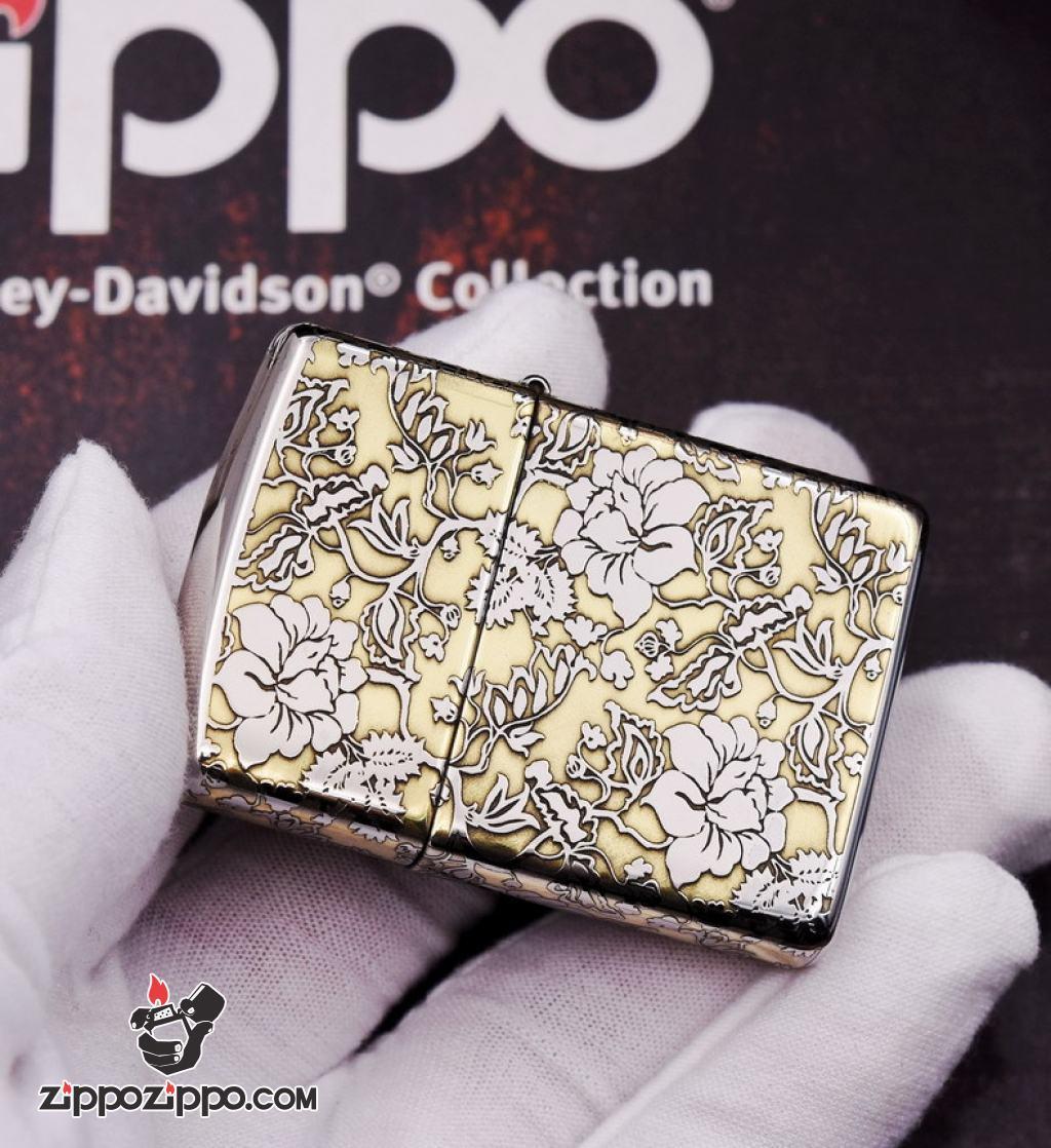 Bật lửa Zippo phiên bản chrome chạm khắc vòm hoa Mẫu Đơn vỏ dày