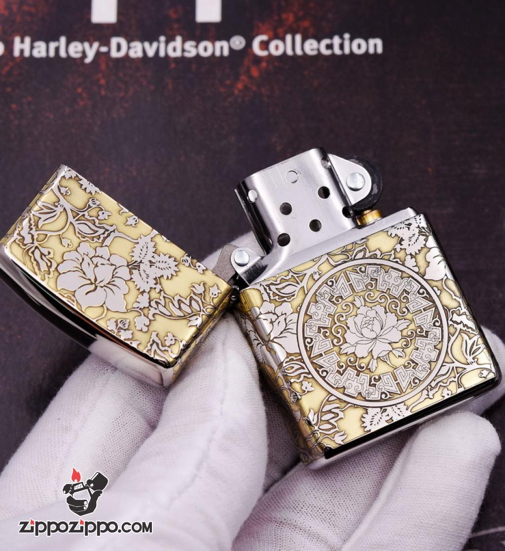 Bật lửa Zippo phiên bản chrome chạm khắc vòm hoa Mẫu Đơn vỏ dày