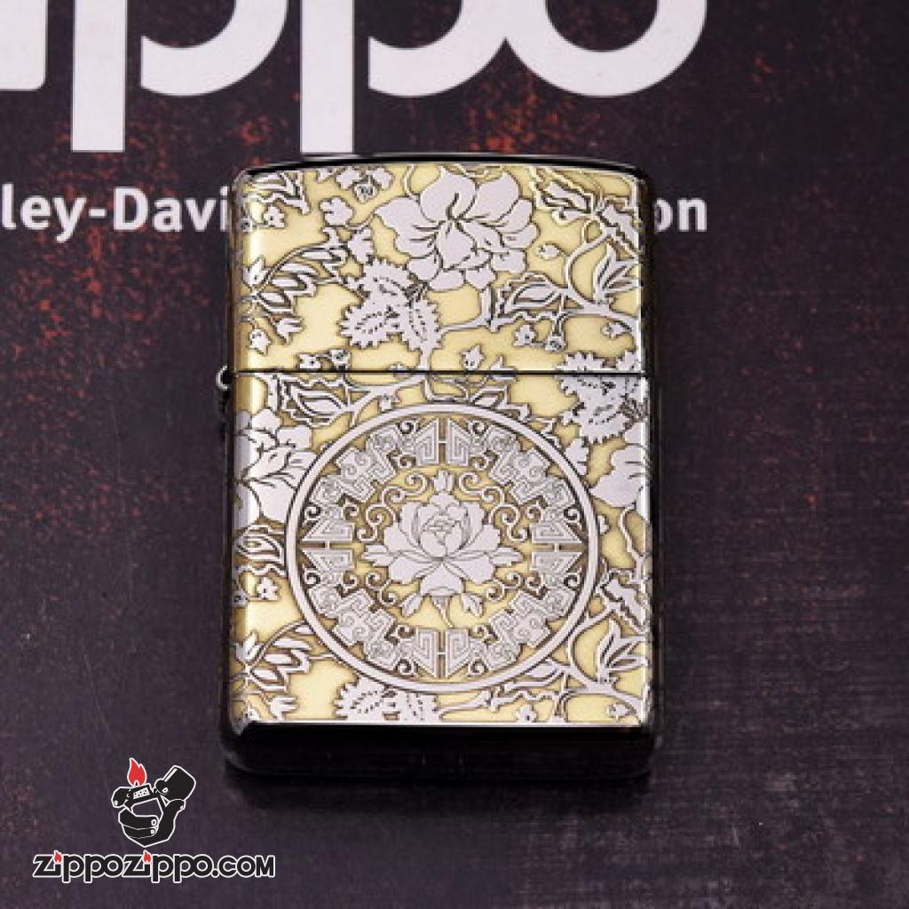 Bật lửa Zippo phiên bản chrome chạm khắc vòm hoa Mẫu Đơn vỏ dày