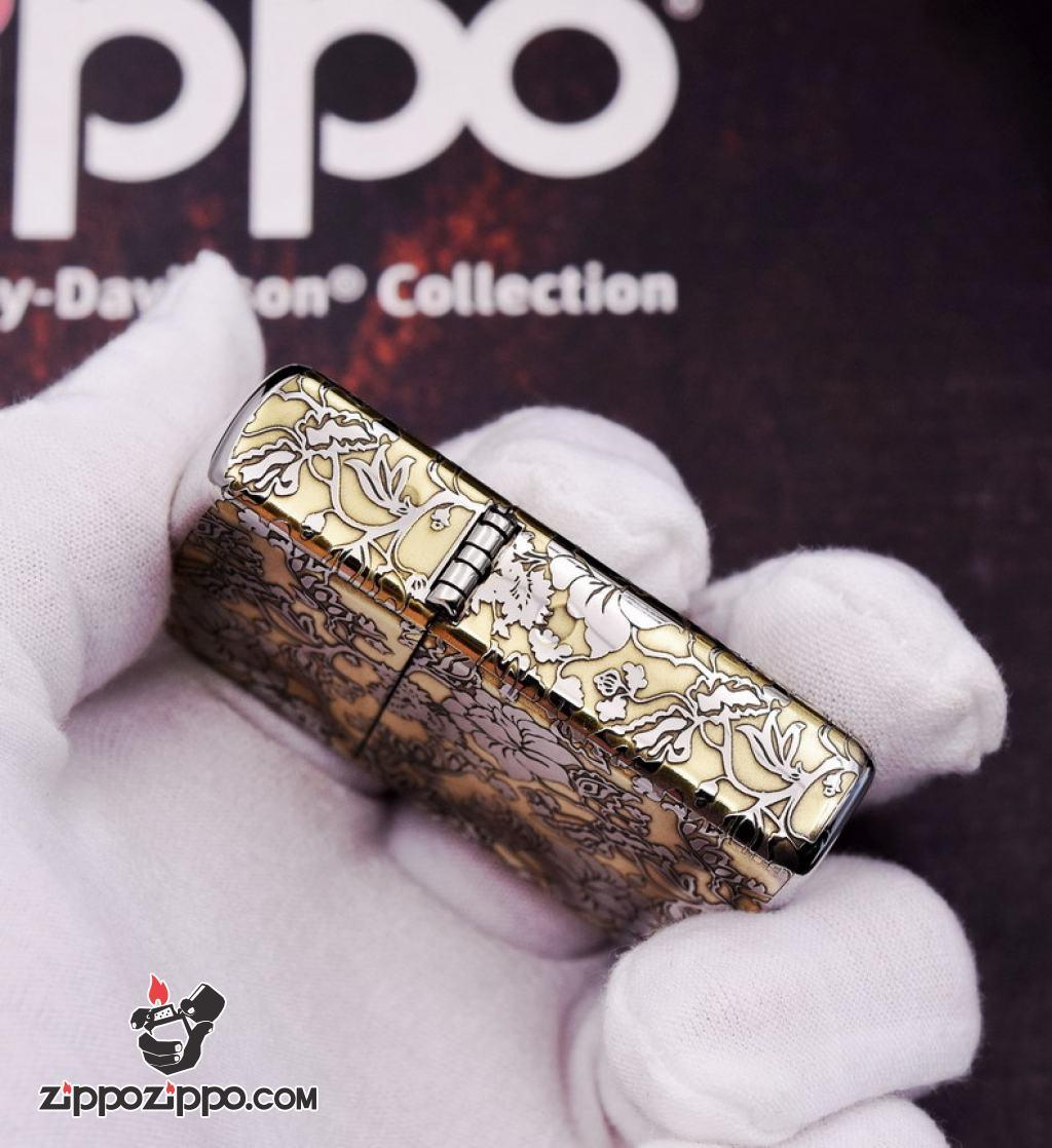 Bật lửa Zippo phiên bản chrome chạm khắc vòm hoa Mẫu Đơn vỏ dày