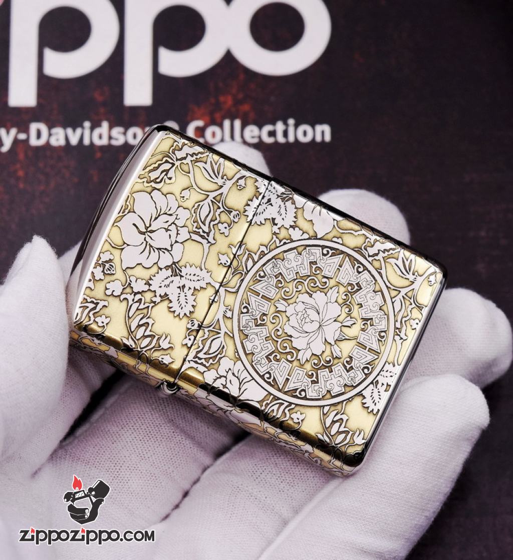 Bật lửa Zippo phiên bản chrome chạm khắc vòm hoa Mẫu Đơn vỏ dày