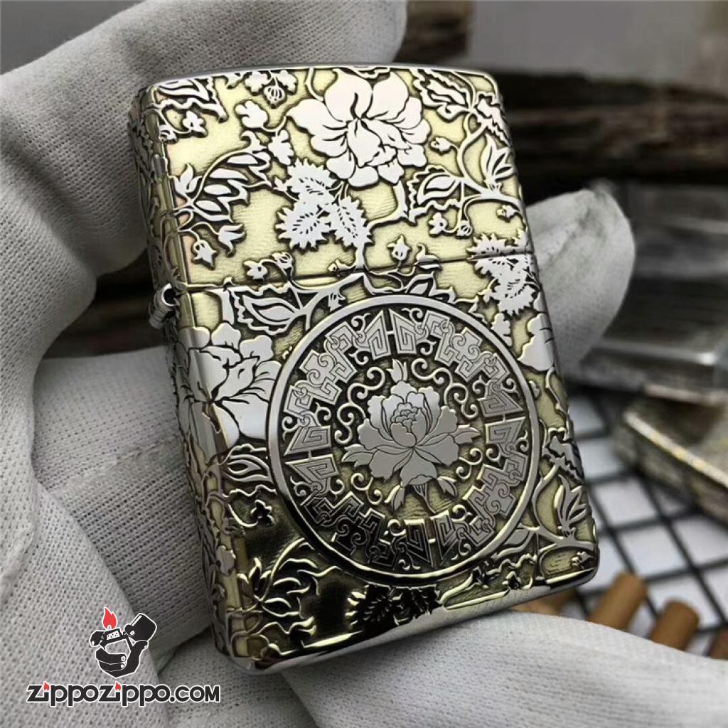 Bật lửa Zippo phiên bản chrome chạm khắc vòm hoa Mẫu Đơn vỏ dày