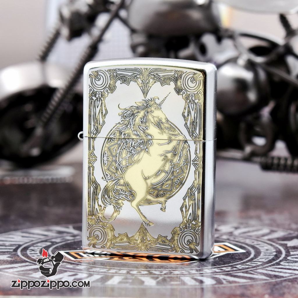 Bật Lửa Zippo Phiên Bản Hàn Quốc Khắc Họa Tiết Kỳ Lân Bản Chrome
